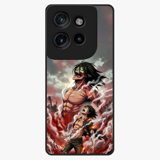 Titan Awakening Fury Glass Case showing flat back view with powerful titan inspired artwork and glossy glass finish.