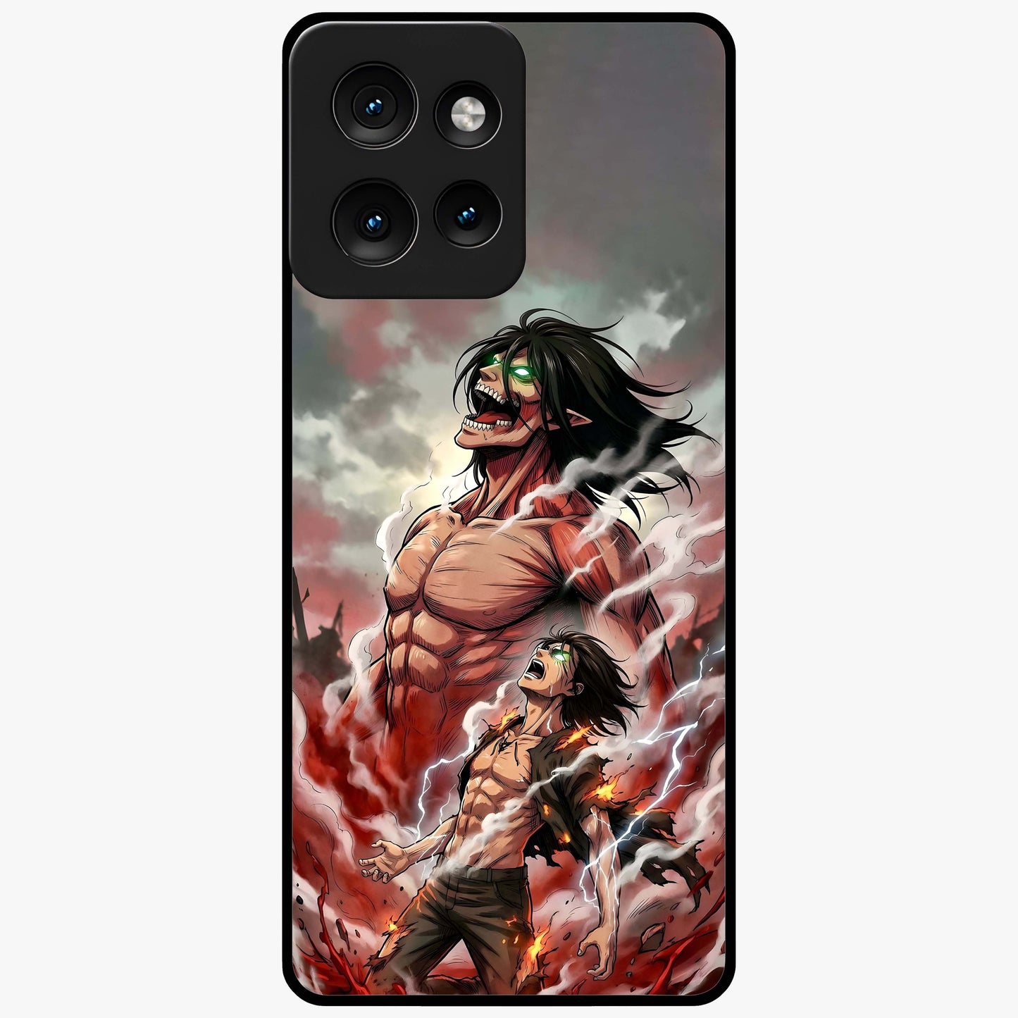 Titan Awakening Fury Glass Case showing flat back view with powerful titan inspired artwork and glossy glass finish.
