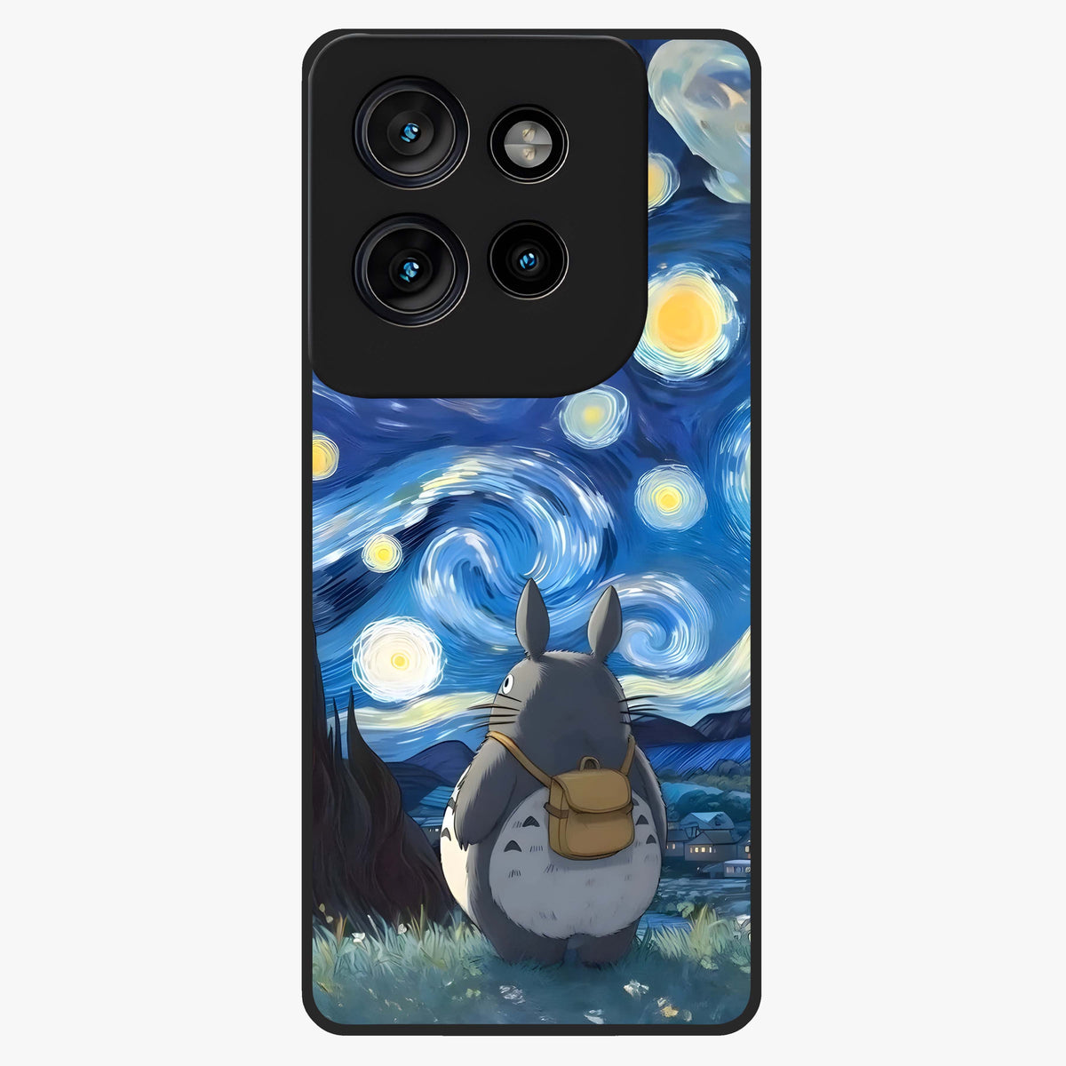 Totoro In Van Gogh Art Glass Case showing flat back view with whimsical character artwork inspired by Van Gogh style and glossy glass finish.