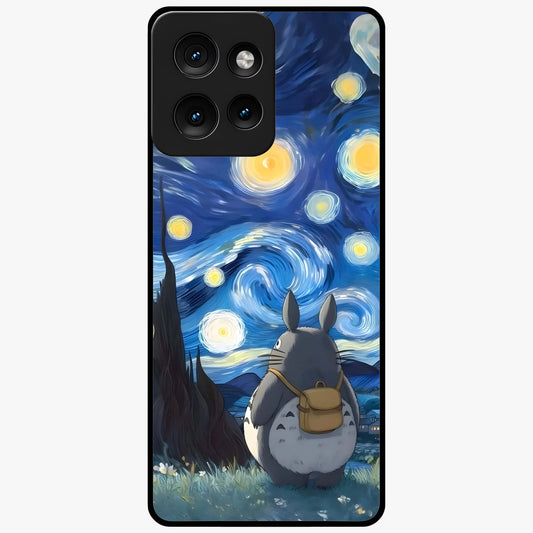 Totoro In Van Gogh Art Glass Case showing flat back view with whimsical character artwork inspired by Van Gogh style and glossy glass finish.