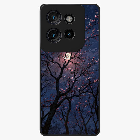 Twilight Sakura Serenade Glass Case showing flat back view with cherry blossom artwork at twilight and glossy glass finish.