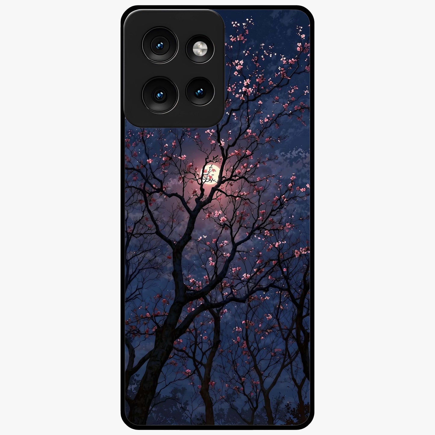 Twilight Sakura Serenade Glass Case showing flat back view with cherry blossom artwork at twilight and glossy glass finish.