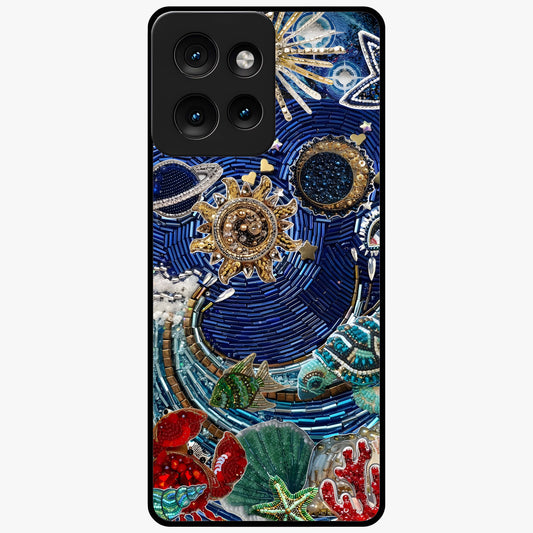 Universe Underwater Spark Glass Case showing flat back view with cosmic underwater themed artwork and glossy glass finish.
