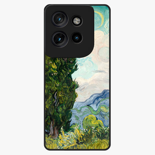 Van Gogh Vintage Art Glass Case showing flat back view with vintage painterly artwork inspired by Van Gogh style and glossy glass finish.