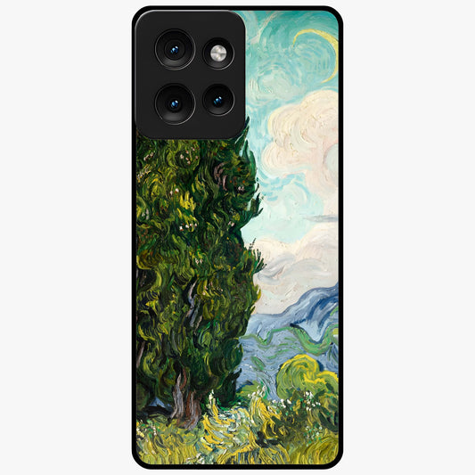 Van Gogh Vintage Art Glass Case showing flat back view with vintage painterly artwork inspired by Van Gogh style and glossy glass finish.