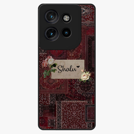 Velvet Wine Pattern Custom Name Glass Case showing flat back view with elegant wine colored pattern artwork and personalized name design.