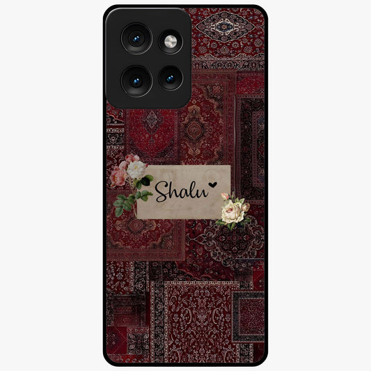 Velvet Wine Pattern Custom Name Glass Case showing flat back view with elegant wine colored pattern artwork and personalized name design.