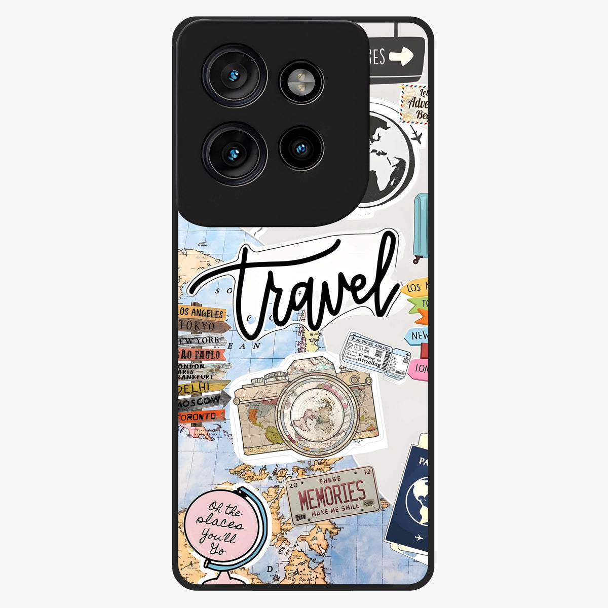 Wanderlust Journal Glass Case showing flat back view with travel inspired artwork and glossy glass finish.