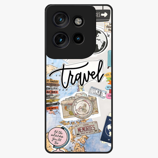Wanderlust Journal Glass Case showing flat back view with travel inspired artwork and glossy glass finish.