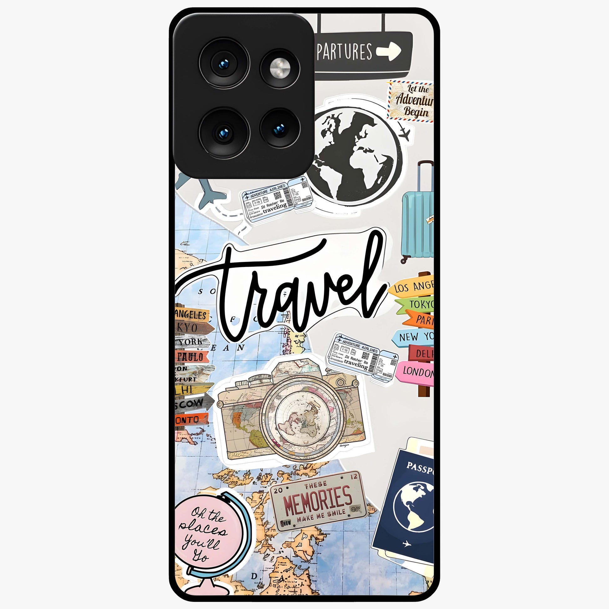 Wanderlust Journal Glass Case showing flat back view with travel inspired artwork and glossy glass finish.