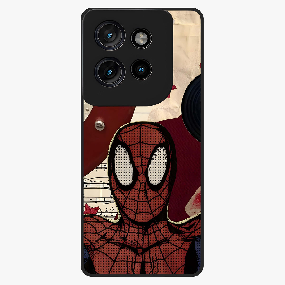 Web Warrior Vibes Glass Case showing flat back view with superhero inspired web themed artwork and glossy glass finish.