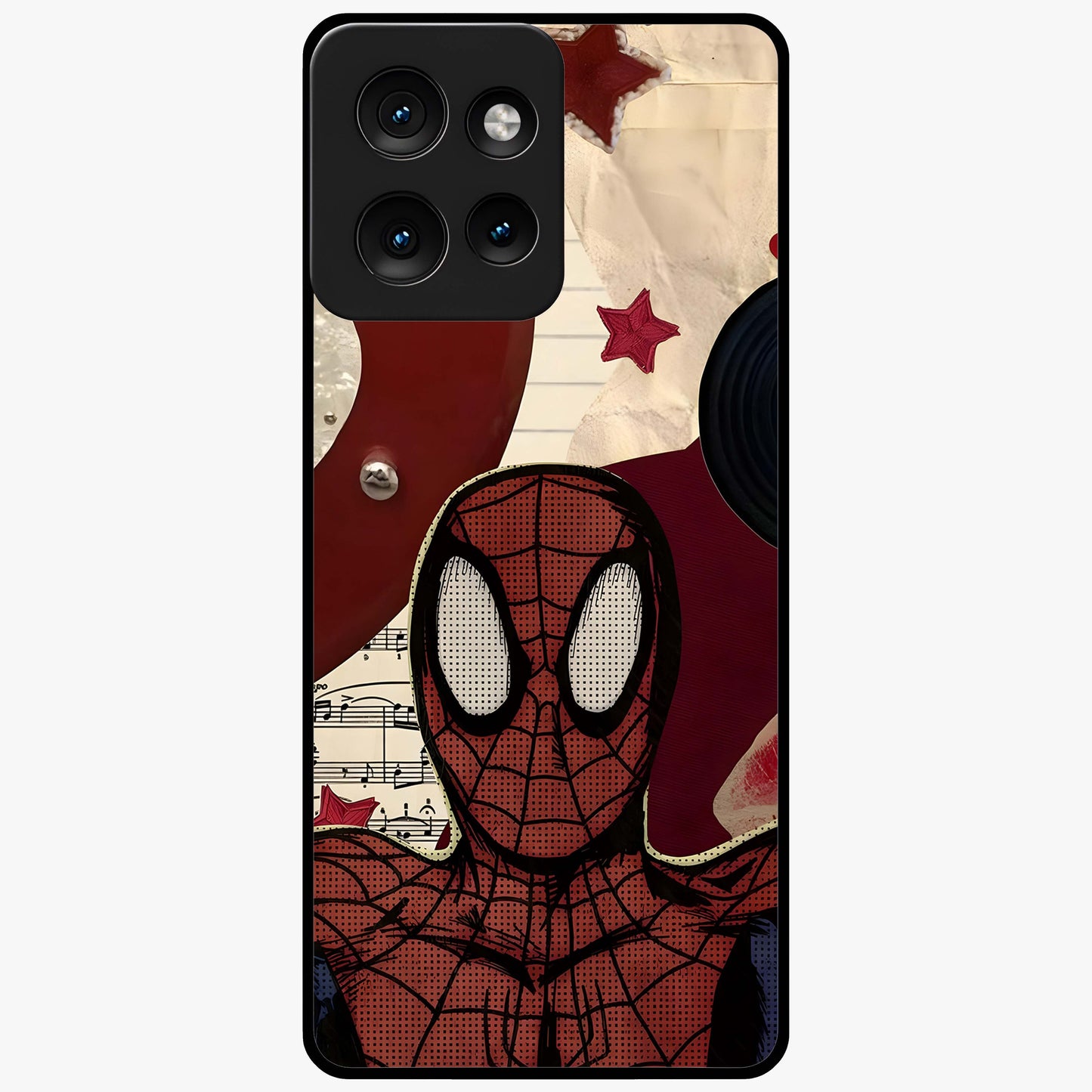 Web Warrior Vibes Glass Case showing flat back view with superhero inspired web themed artwork and glossy glass finish.