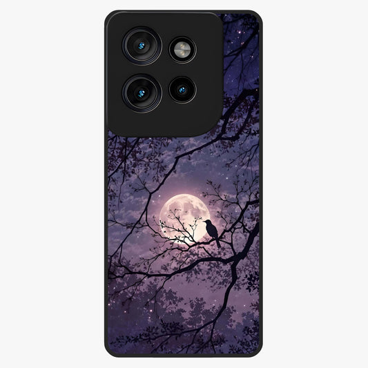 Whispering Moon Silence Glass Case showing flat back view with serene moon themed artwork and glossy glass finish.