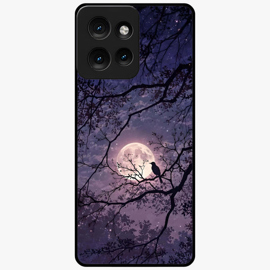 Whispering Moon Silence Glass Case showing flat back view with serene moon themed artwork and glossy glass finish.
