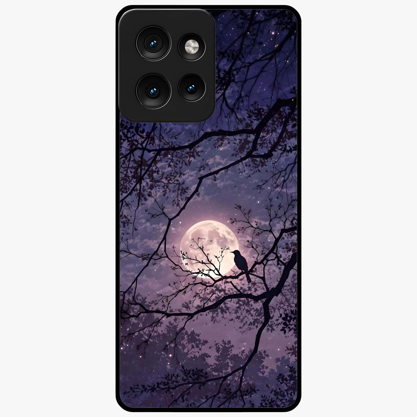 Whispering Moon Silence Glass Case showing flat back view with serene moon themed artwork and glossy glass finish.