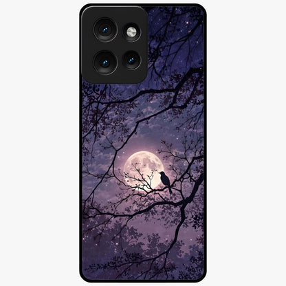 Whispering Moon Silence Glass Case showing flat back view with serene moon themed artwork and glossy glass finish.