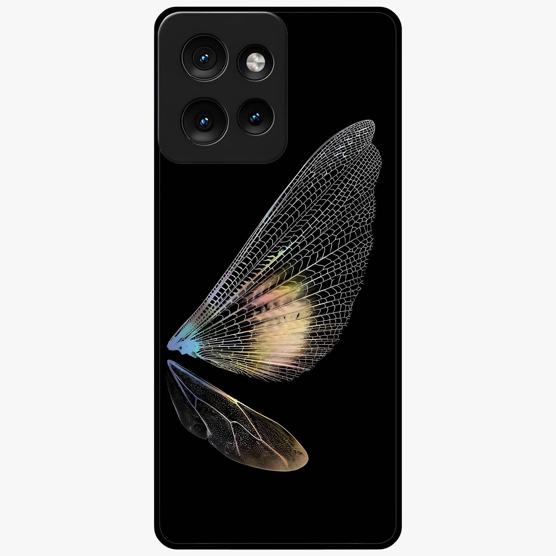 Whispers Of Wings Glass Case showing flat back view with graceful wing inspired artwork and glossy glass finish.