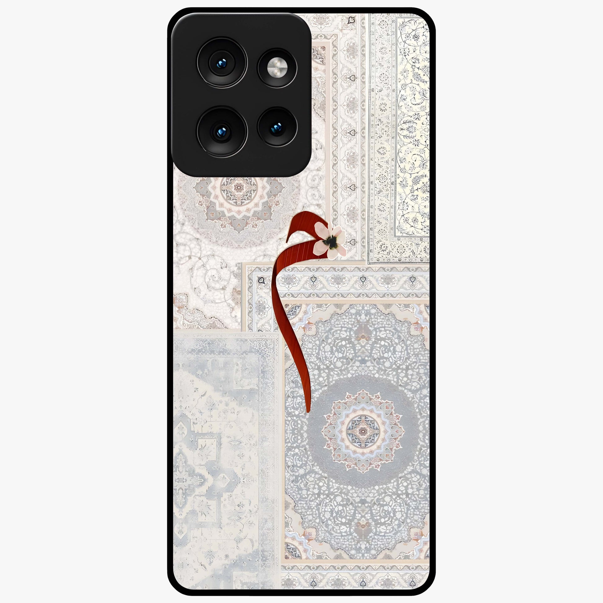 White Aesthetic Bow Glass Case showing flat back view with minimal bow artwork and glossy glass finish.