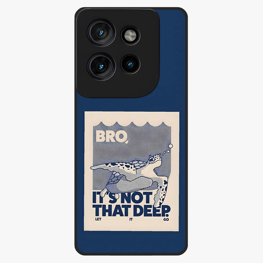 Worry Less Swim Glass Case showing flat back view with playful motivational artwork and glossy glass finish.