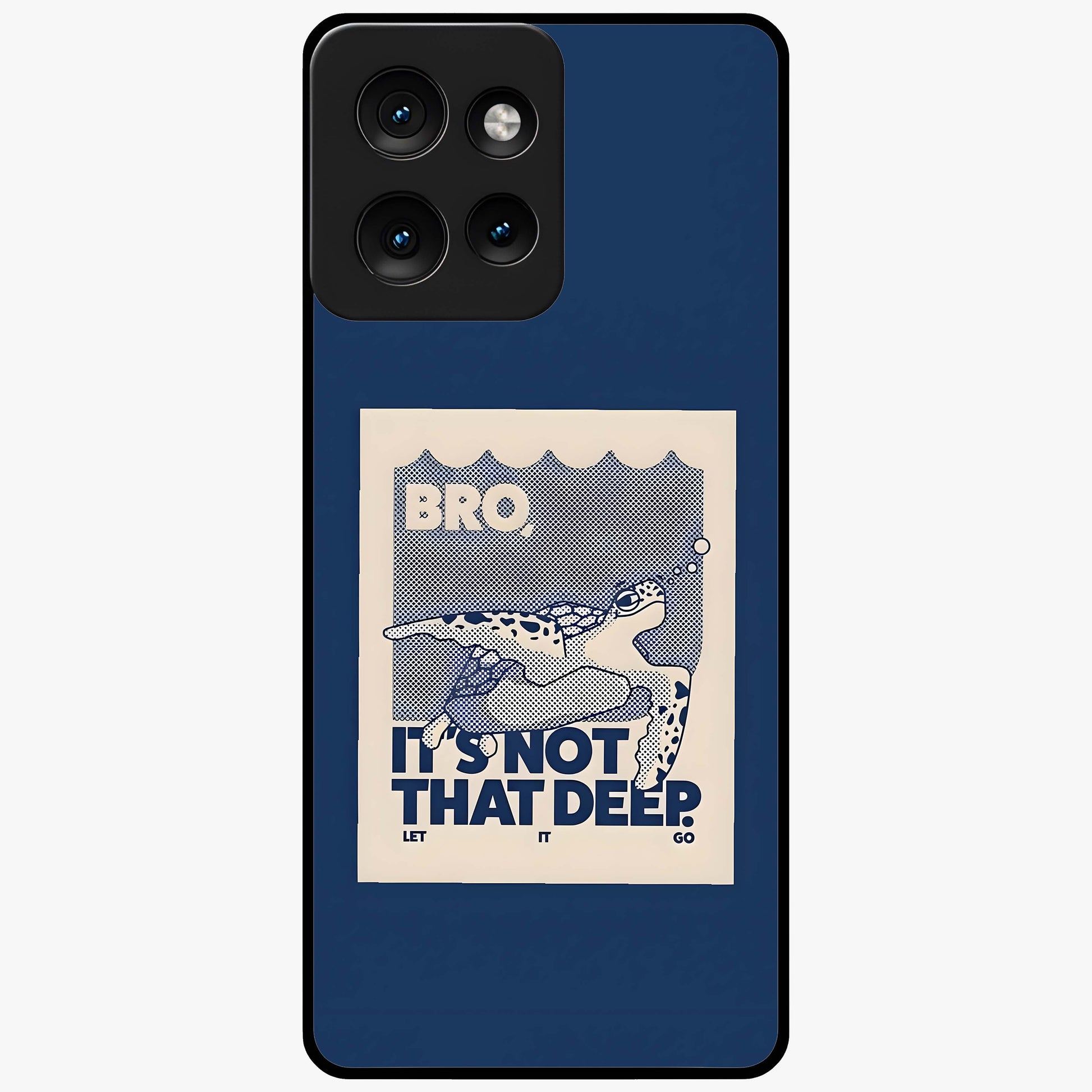 Worry Less Swim Glass Case showing flat back view with playful motivational artwork and glossy glass finish.