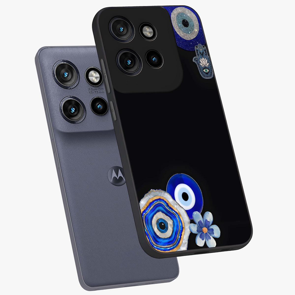 Aesthetic Blue Evil Eye Glass Case displayed in angled mockup highlighting blue evil eye symbol and spiritual aesthetic design.
