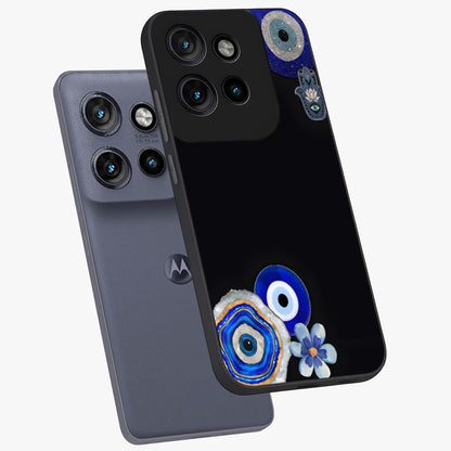Aesthetic Blue Evil Eye Glass Case displayed in angled mockup highlighting blue evil eye symbol and spiritual aesthetic design.