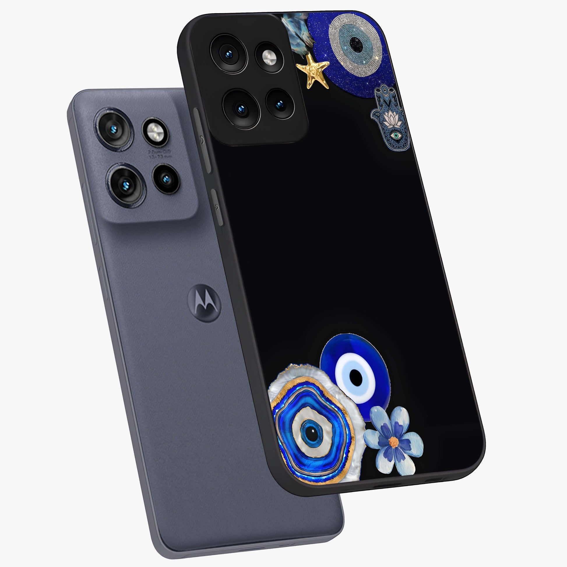 Aesthetic Blue Evil Eye Glass Case displayed in angled mockup highlighting blue evil eye symbol and spiritual aesthetic design.