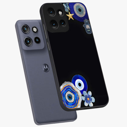Aesthetic Blue Evil Eye Glass Case displayed in angled mockup highlighting blue evil eye symbol and spiritual aesthetic design.
