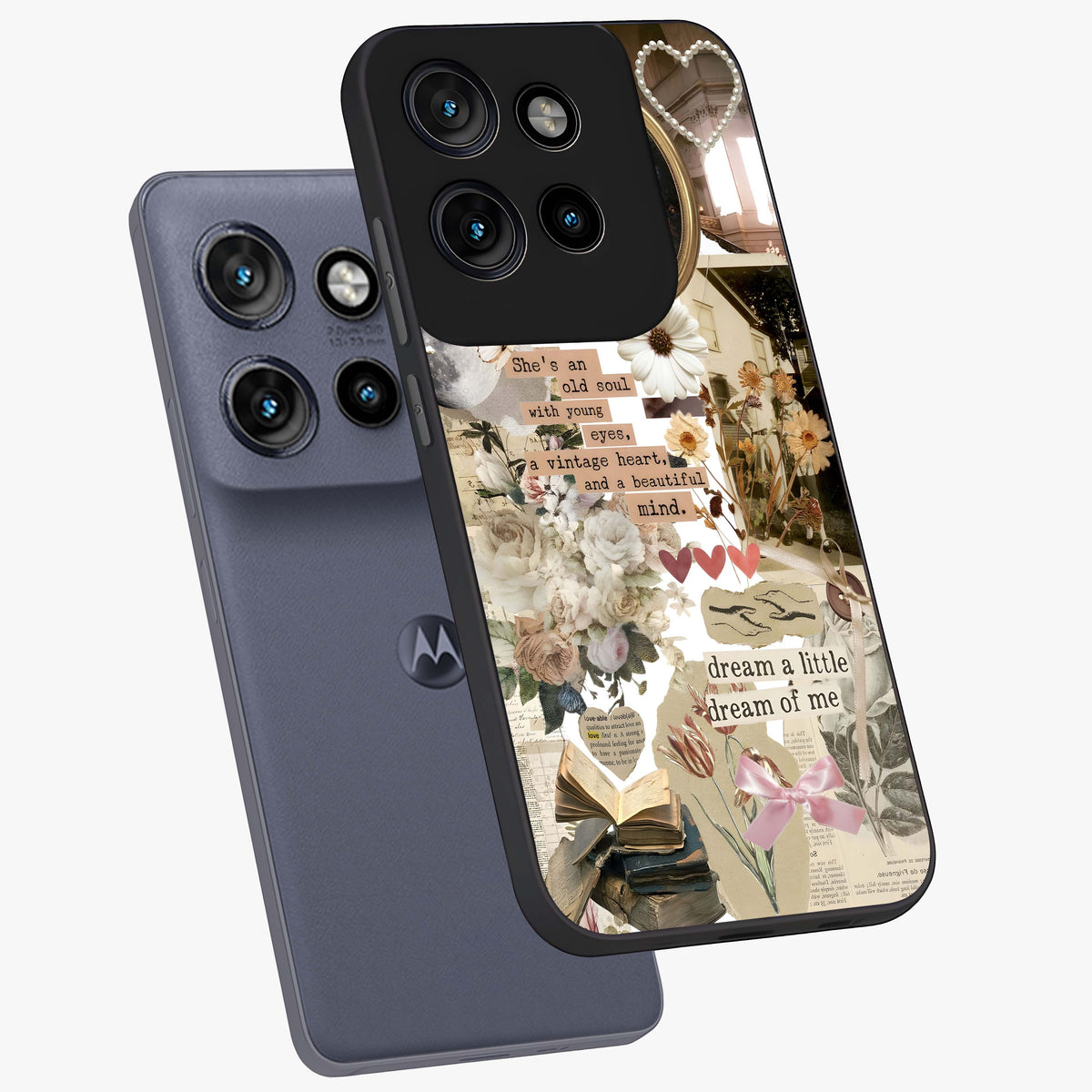 Aesthetic Brown Vintage Collage Glass Case displayed in angled mockup highlighting vintage aesthetic collage design.