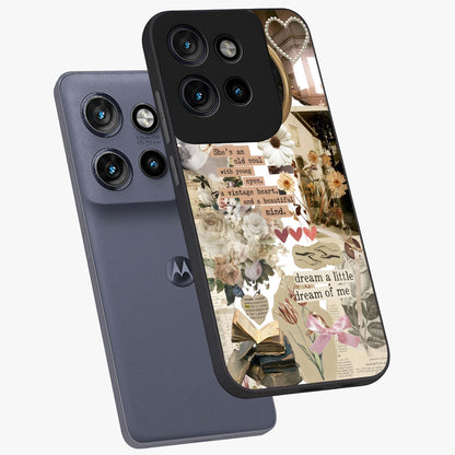 Aesthetic Brown Vintage Collage Glass Case displayed in angled mockup highlighting vintage aesthetic collage design.