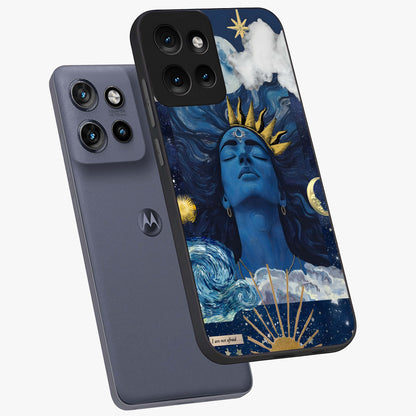 Aesthetic Lord Shiva Glass Case displayed in angled mockup highlighting spiritual Shiva illustration and sacred aesthetic design.