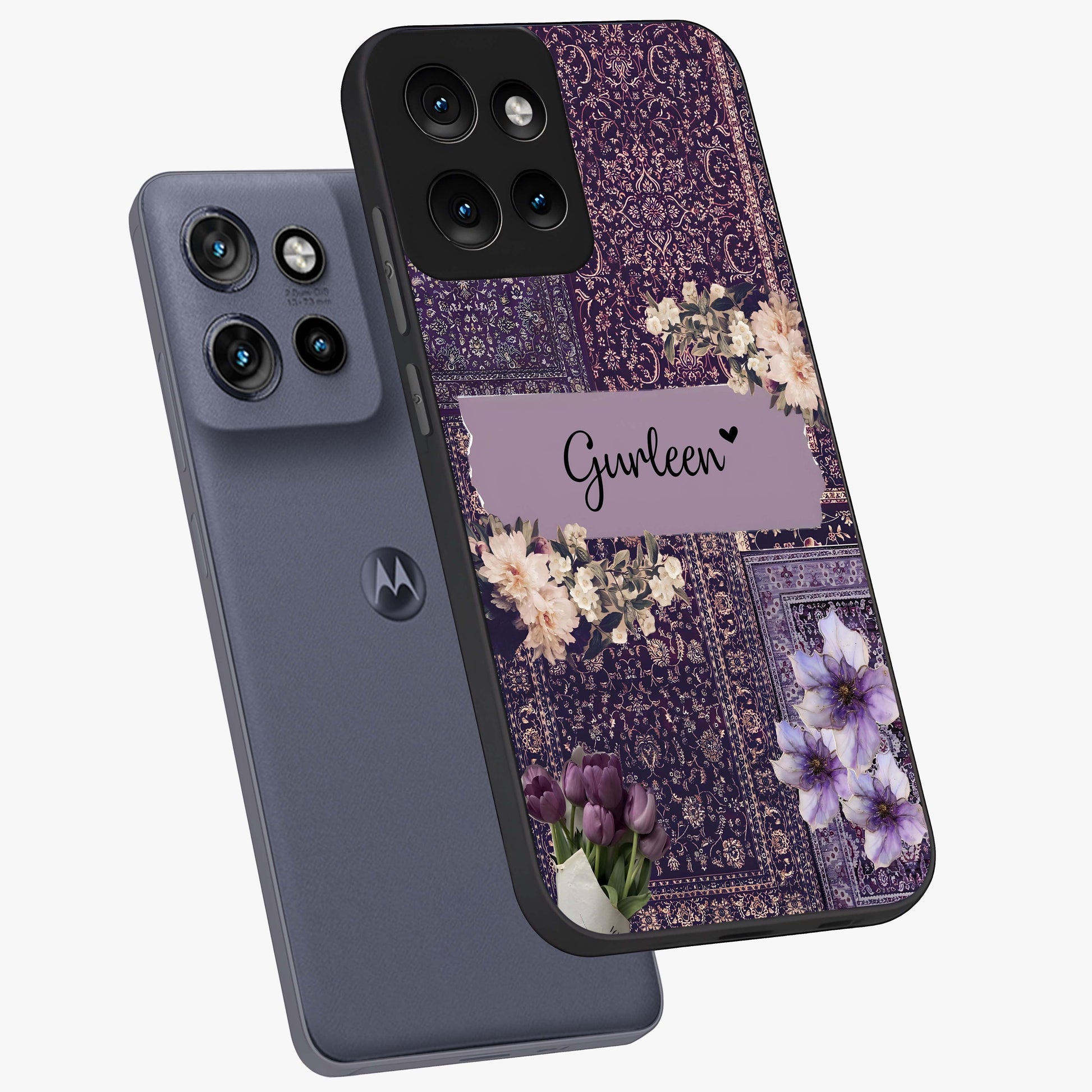 Antique Floral Whisper Custom Name Glass Case displayed in angled mockup highlighting elegant antique floral aesthetic.
