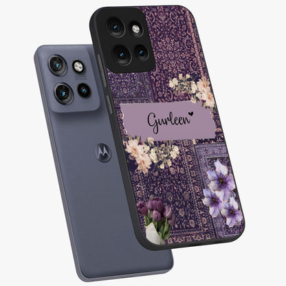 Antique Floral Whisper Custom Name Glass Case displayed in angled mockup highlighting elegant antique floral aesthetic.