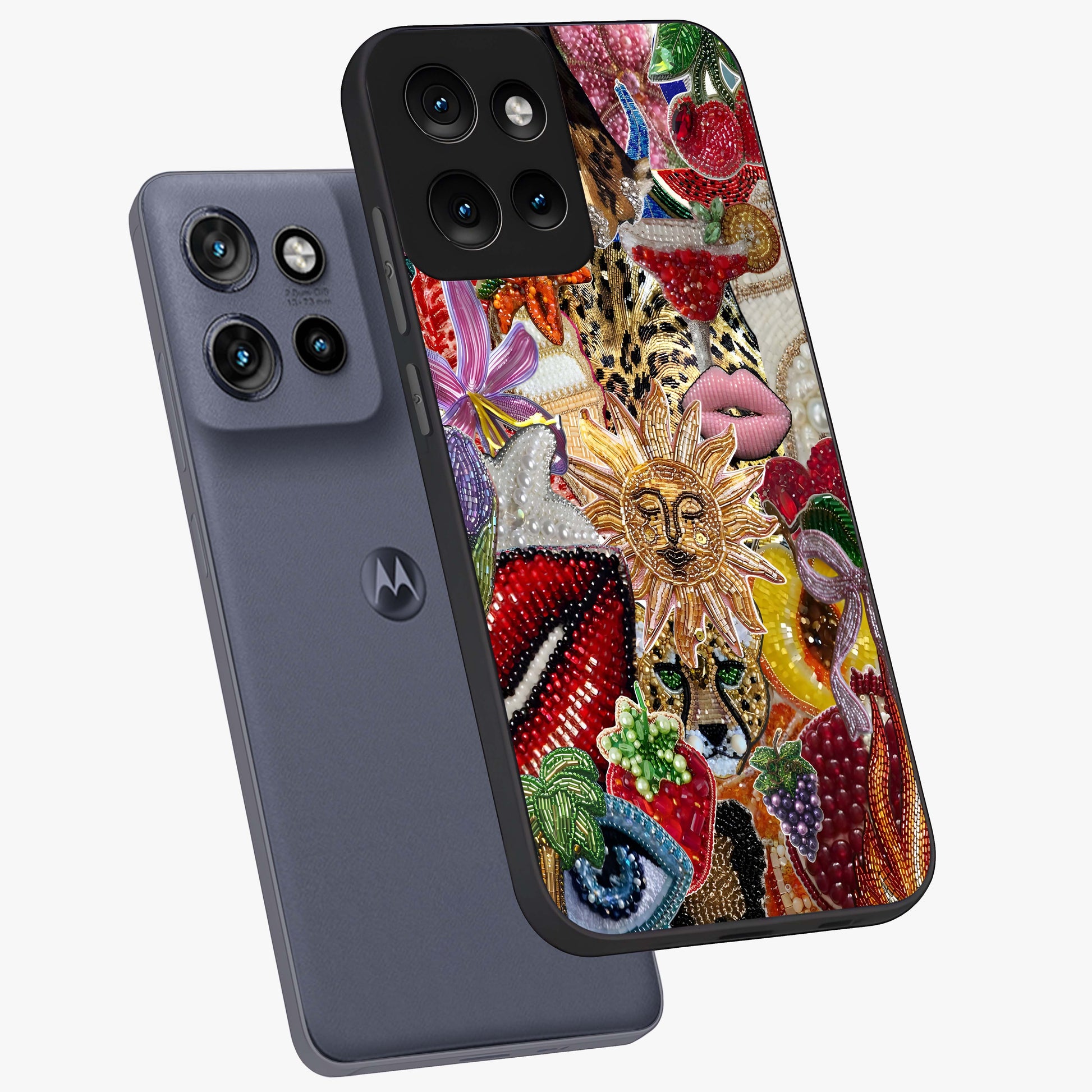 Beaded Fashion Jungle Glass Case displayed in angled mockup highlighting colorful fashion bead design and artistic pattern.