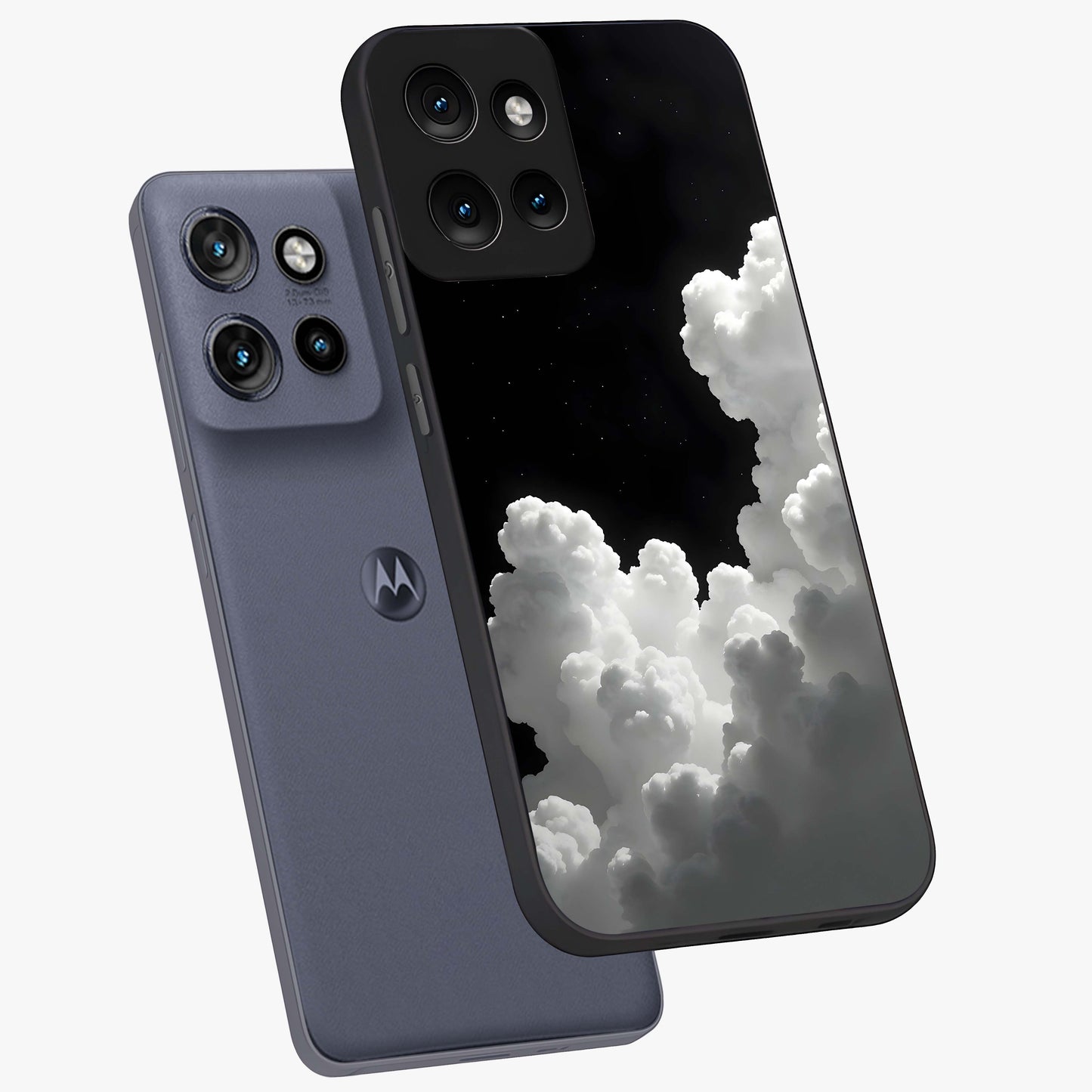 Black Background With White Cloud Glass Case displayed in angled mockup highlighting soft white cloud illustration and minimal design.