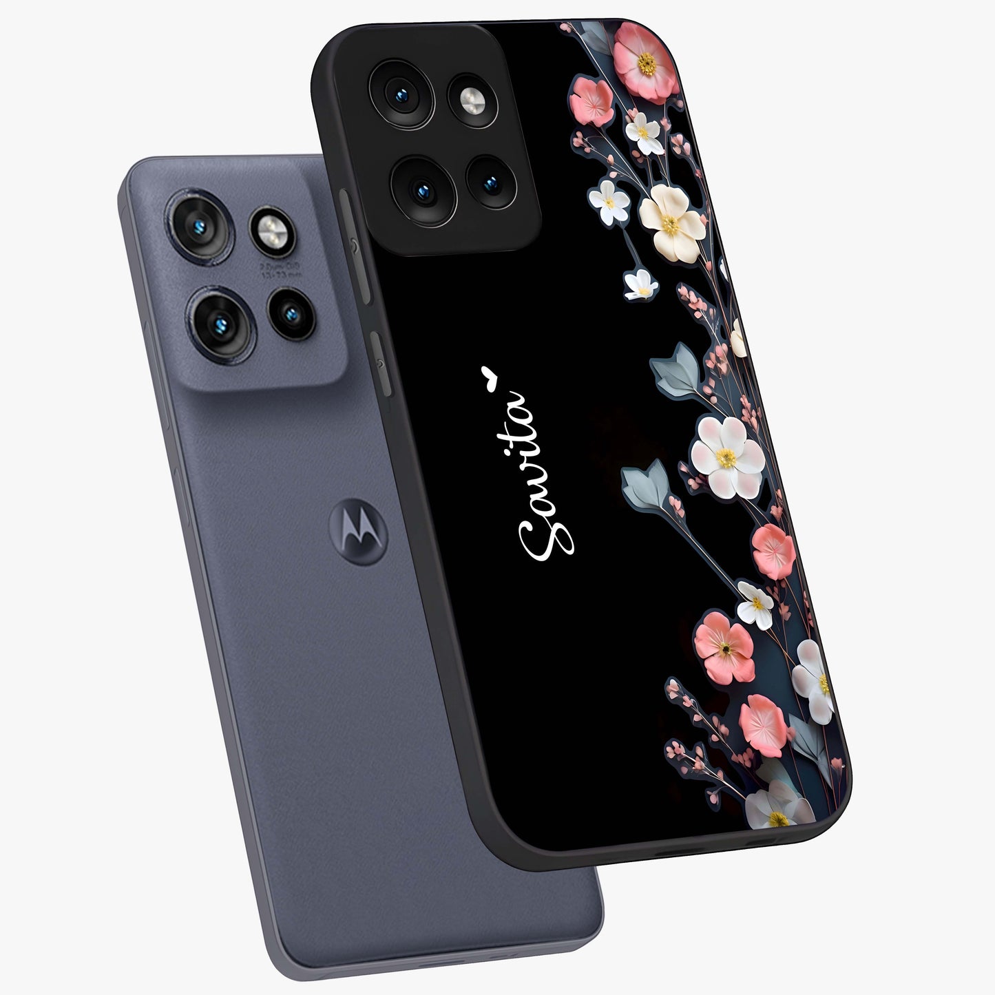 Black Elegance Floral Custom Name Glass Case displayed in angled mockup highlighting dark floral aesthetic and custom name feature.