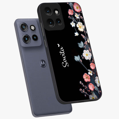 Black Elegance Floral Custom Name Glass Case displayed in angled mockup highlighting dark floral aesthetic and custom name feature.