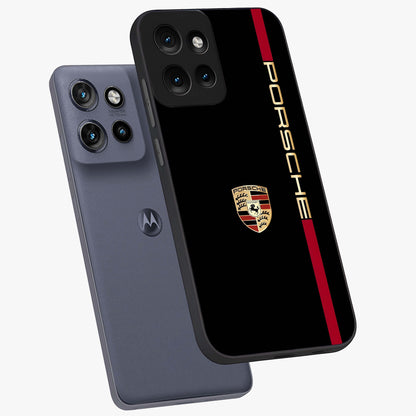 Black Minimal Porsche Glass Case displayed in angled mockup highlighting modern minimal car illustration and clean aesthetic design.