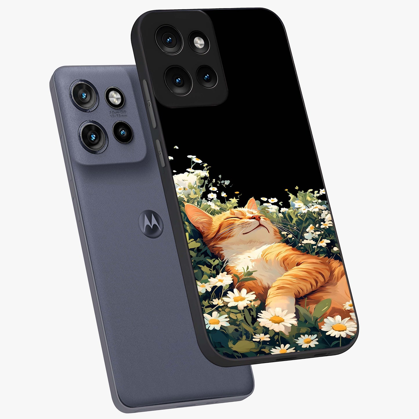 Blissful Bloom Cat Glass Case displayed in angled mockup highlighting playful feline illustration with soft floral aesthetic.