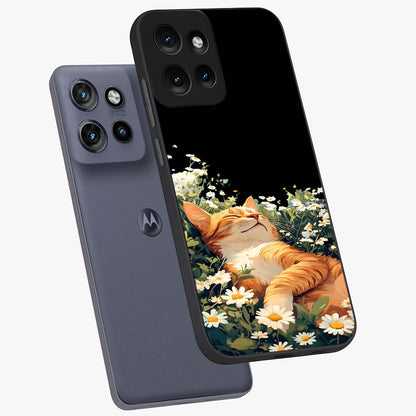 Blissful Bloom Cat Glass Case displayed in angled mockup highlighting playful feline illustration with soft floral aesthetic.