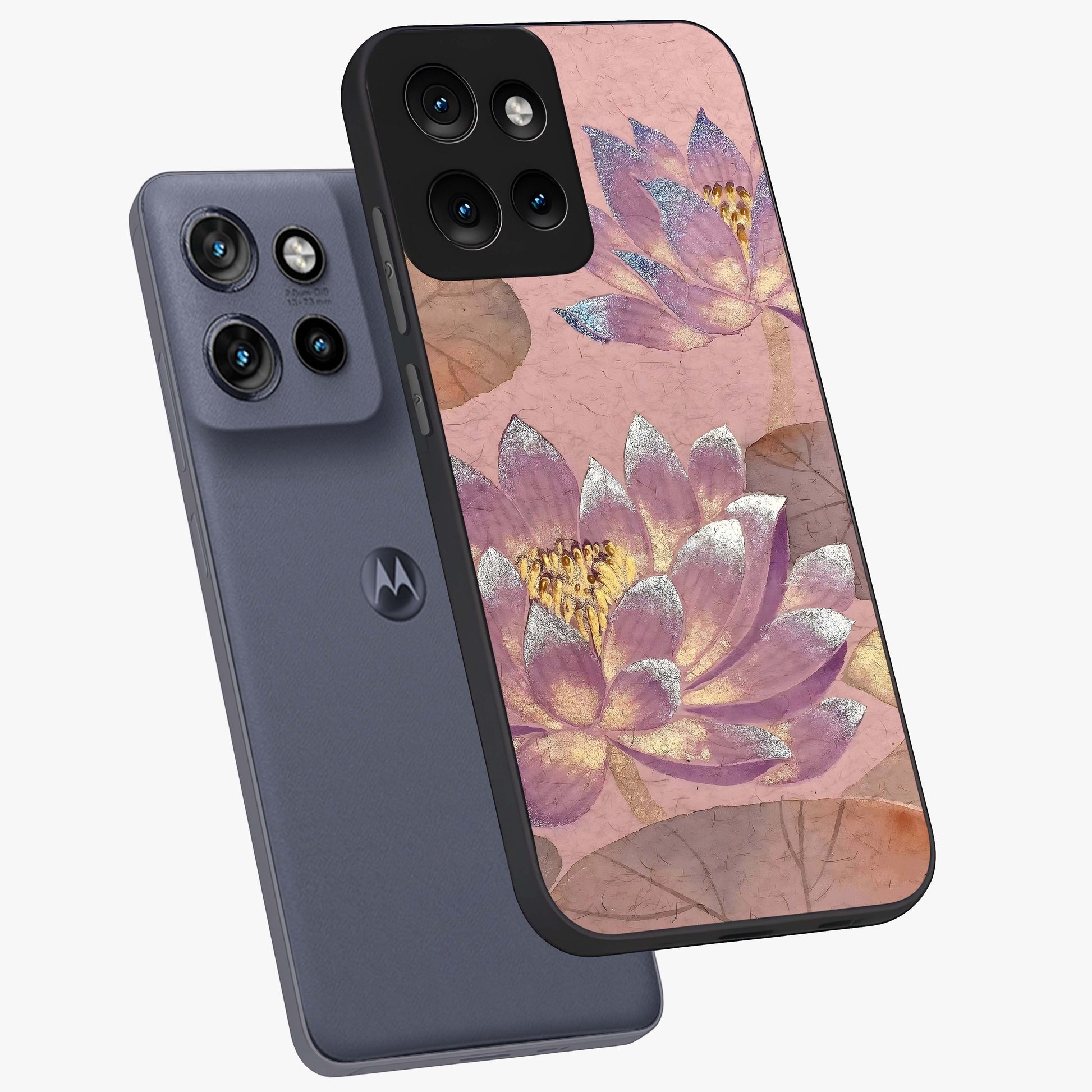 Blossom Mist Lotus Glass Case displayed in angled mockup highlighting delicate lotus illustration with calm aesthetic theme.