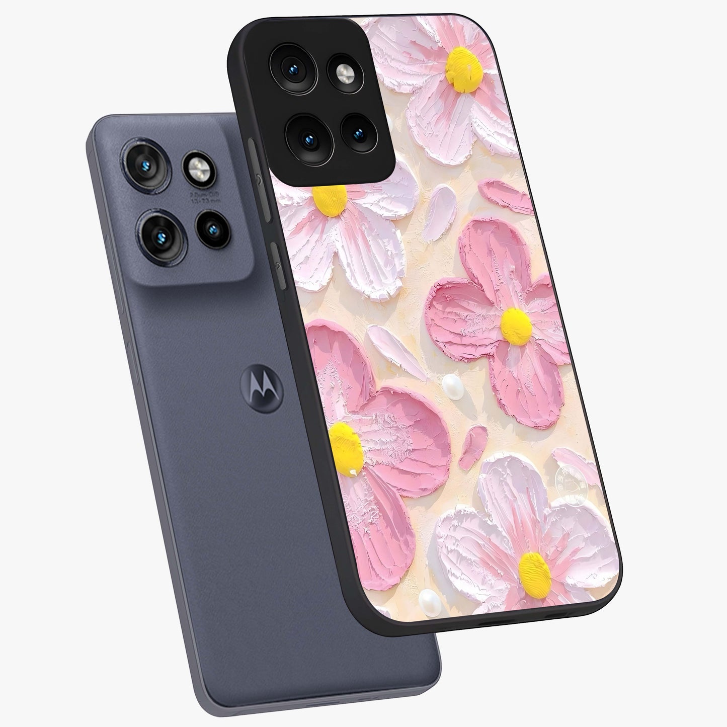 Blush Bloom Texture Glass Case displayed in angled mockup highlighting subtle bloom pattern with aesthetic pastel design.