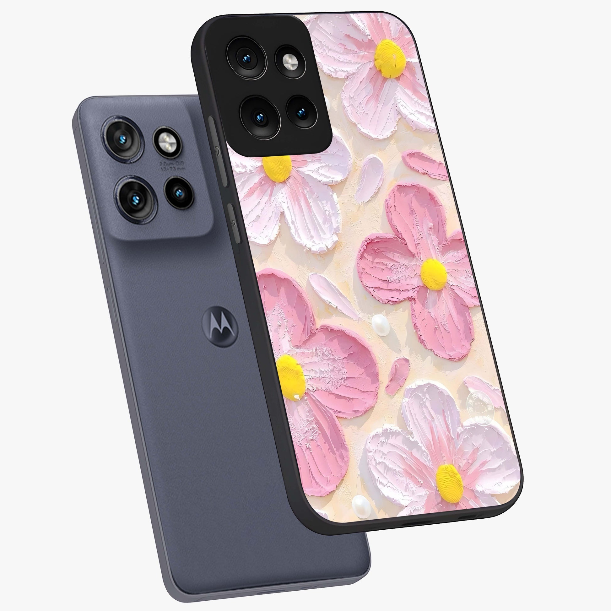 Blush Bloom Texture Glass Case displayed in angled mockup highlighting subtle bloom pattern with aesthetic pastel design.