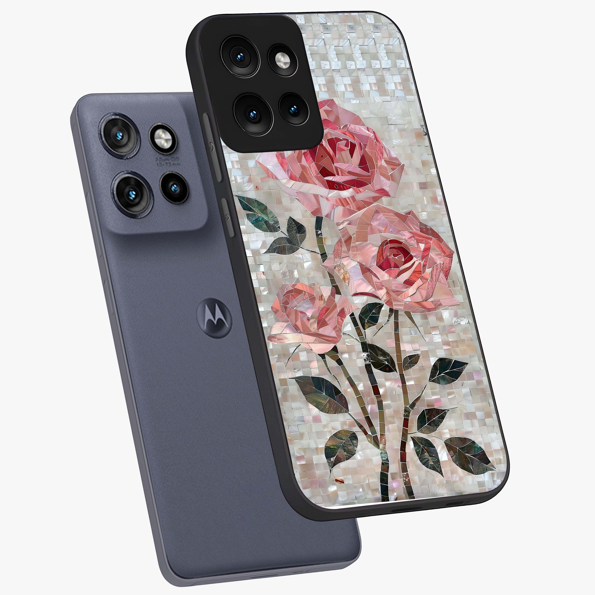 Blush Mosaic Bloom Glass Case displayed in angled mockup highlighting artistic mosaic flower pattern with aesthetic design.