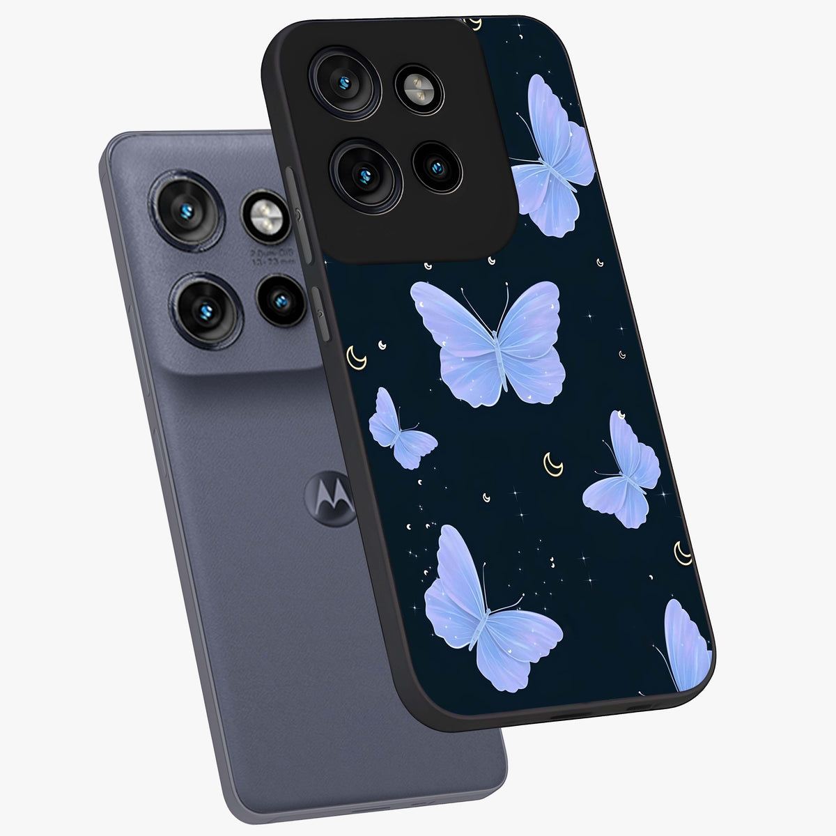 Butterfly With Stars Pattern Glass Case displayed in angled mockup highlighting dreamy butterfly and star design with aesthetic theme.