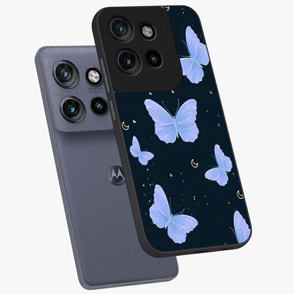 Butterfly With Stars Pattern Glass Case displayed in angled mockup highlighting dreamy butterfly and star design with aesthetic theme.
