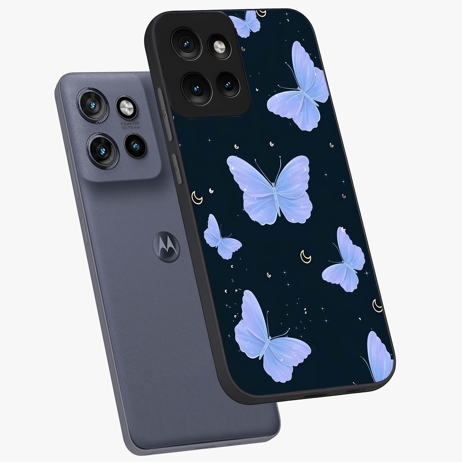 Butterfly With Stars Pattern Glass Case displayed in angled mockup highlighting dreamy butterfly and star design with aesthetic theme.