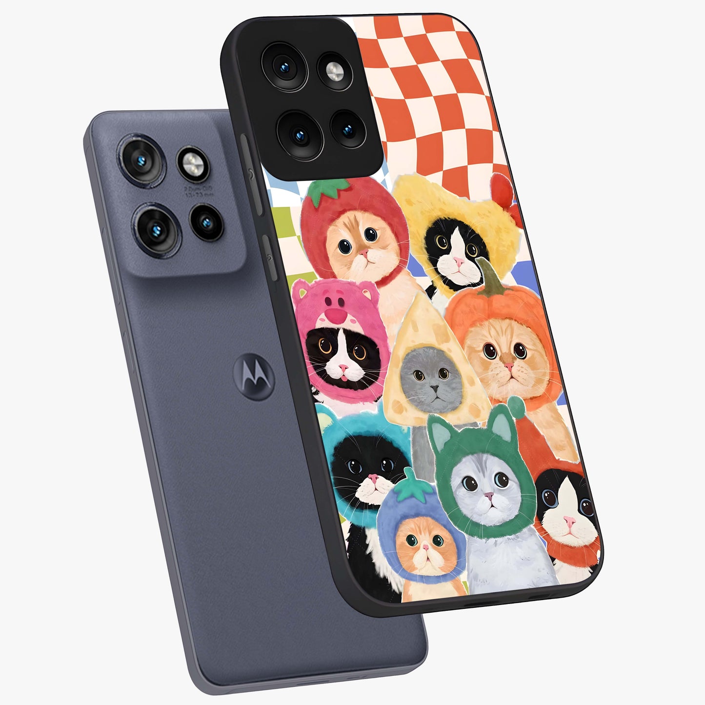Cats in Fruits Glass Case displayed in angled mockup highlighting cute feline fruit design with colorful aesthetic style.