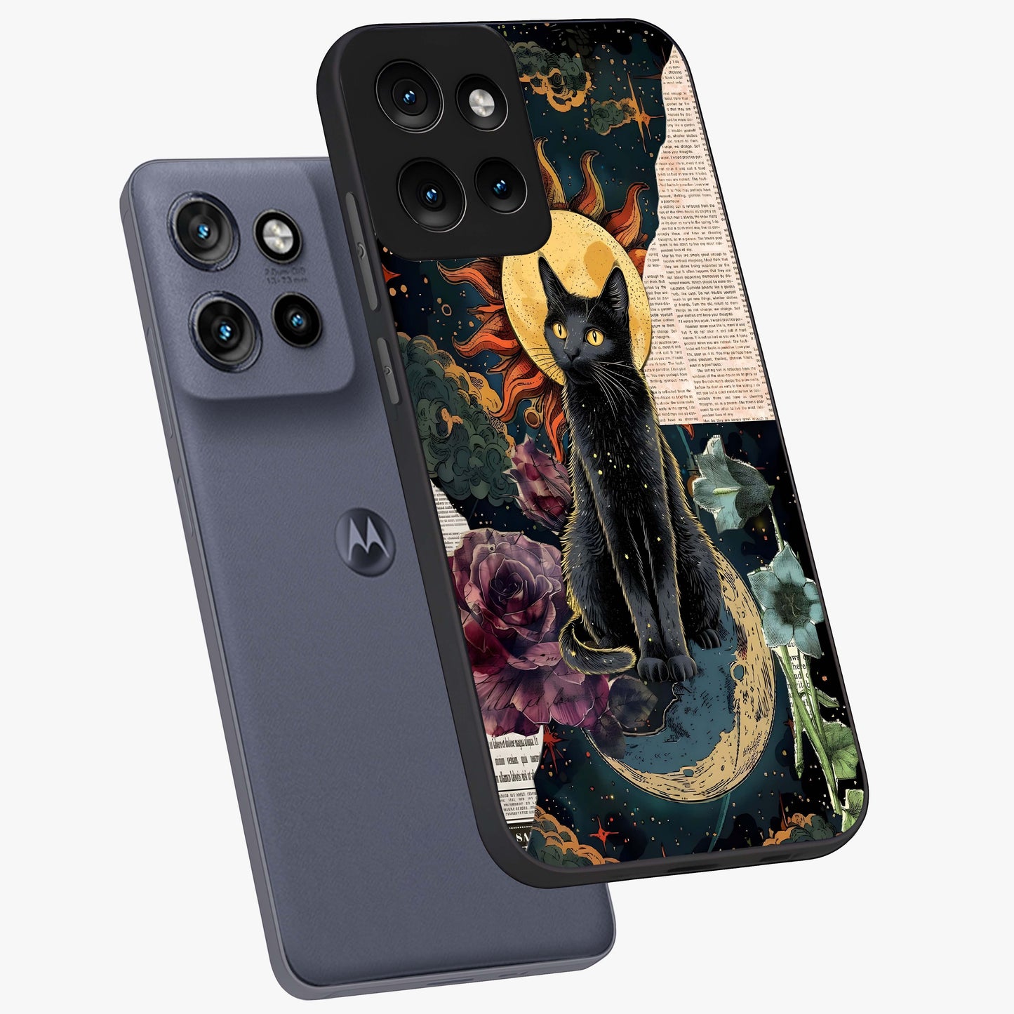 Celestial Black Cat Glass Case displayed in angled mockup highlighting cosmic black cat design with celestial aesthetic.