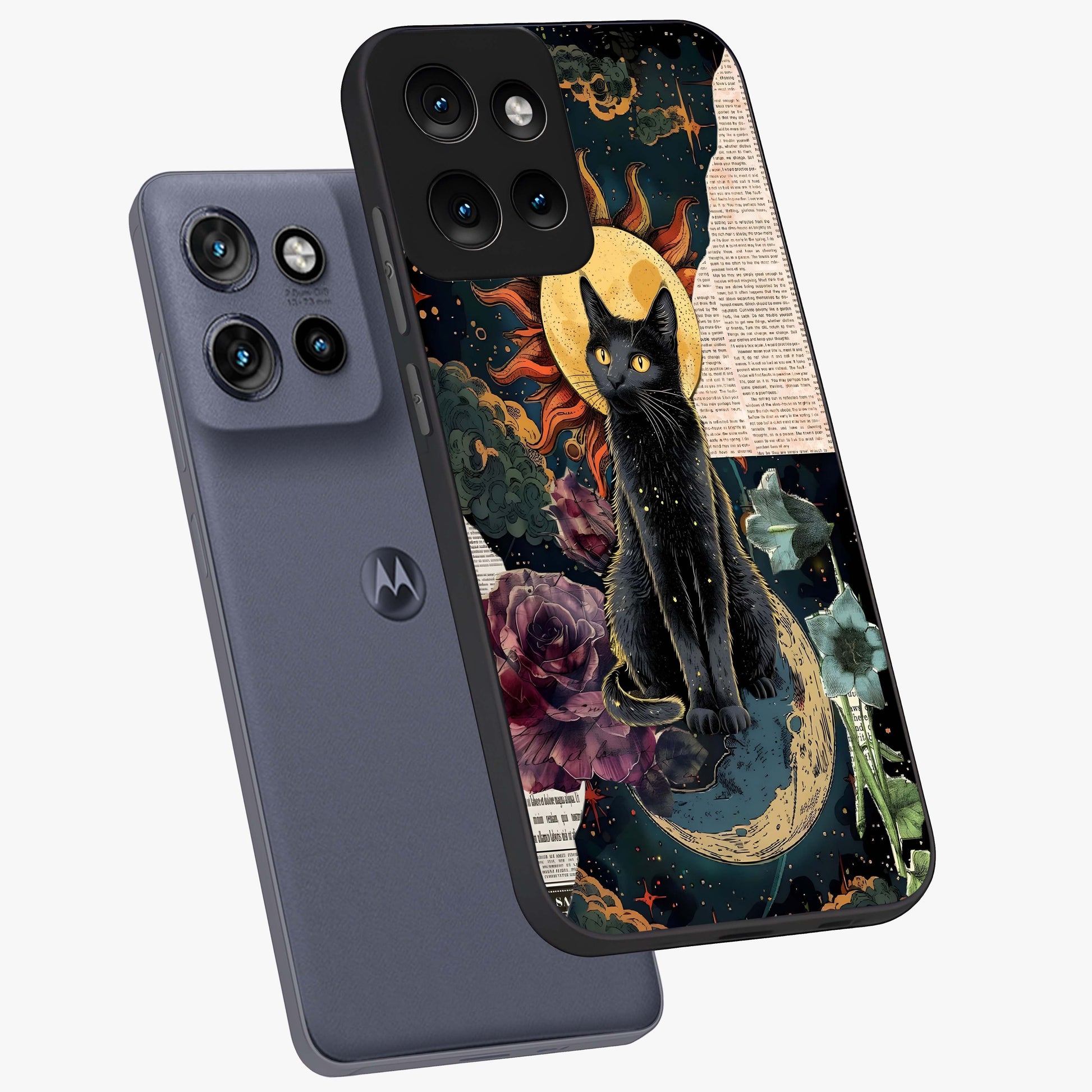 Celestial Black Cat Glass Case displayed in angled mockup highlighting cosmic black cat design with celestial aesthetic.
